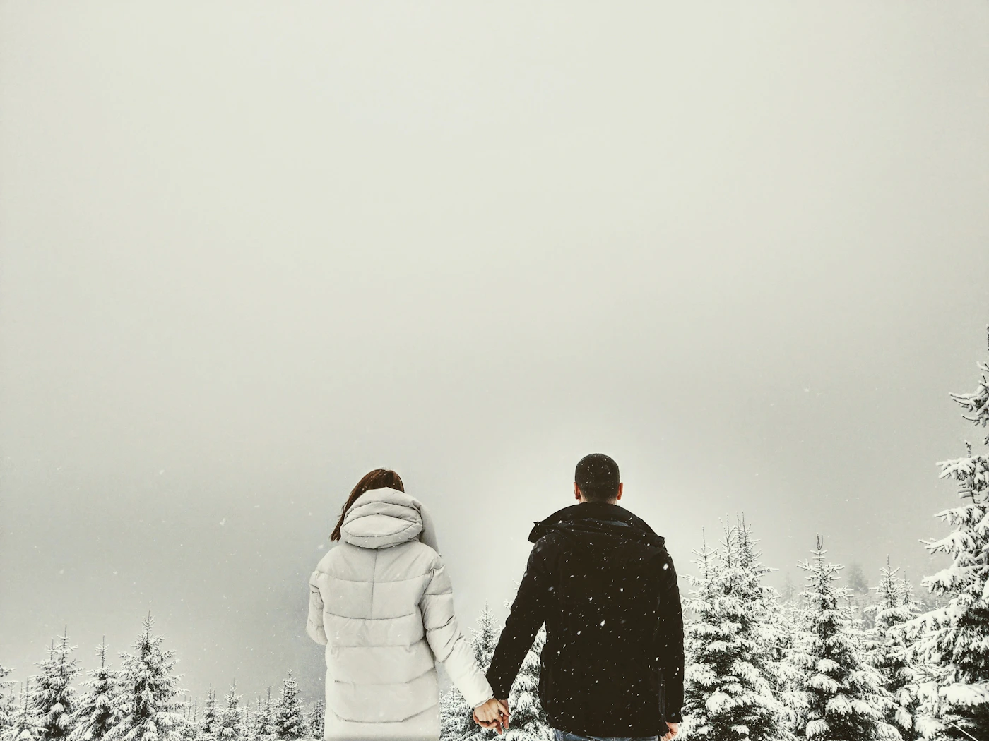 Couple holding hands and walking together in front of lush green trees, soft natural outdoor light