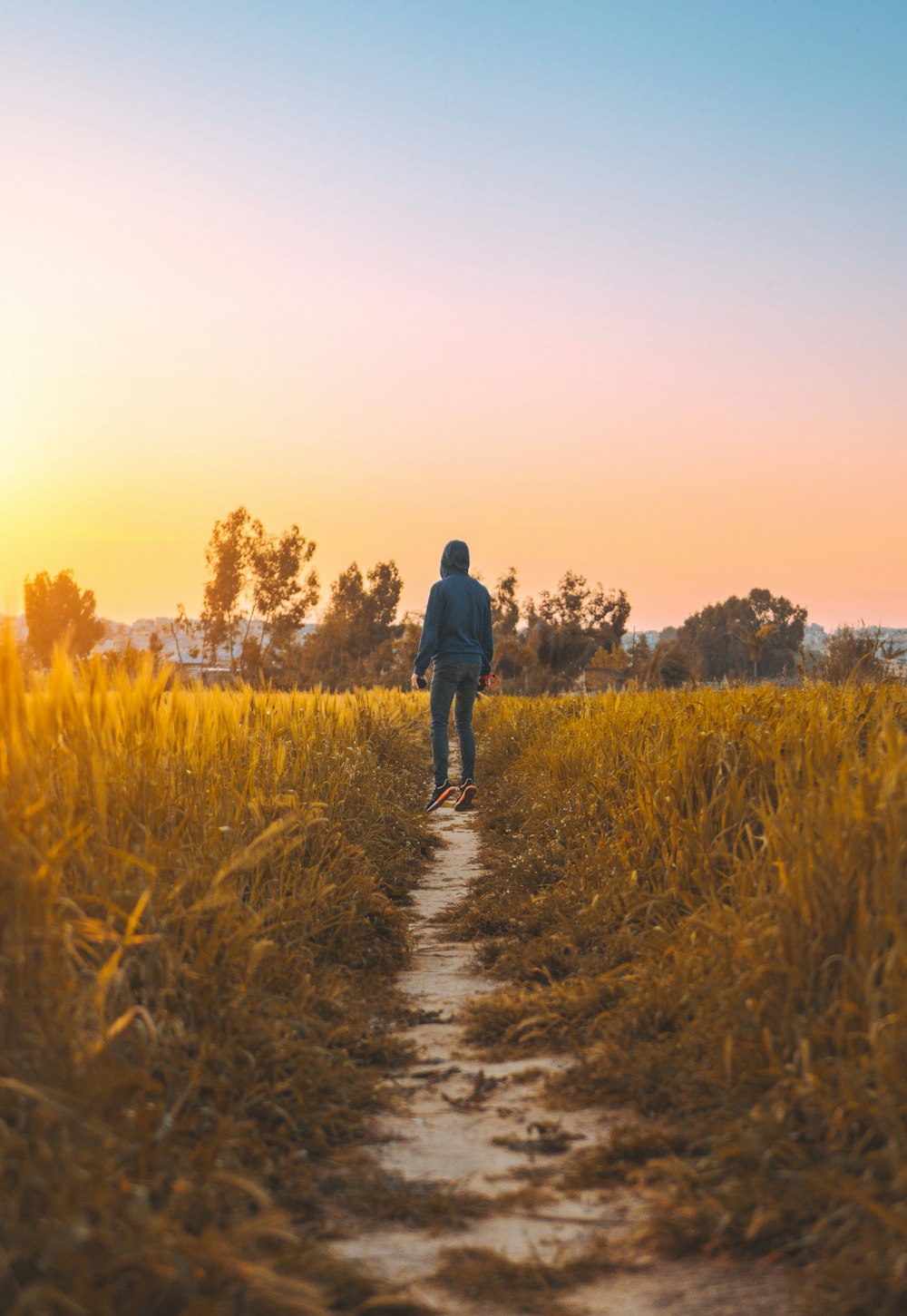 person standing in between grass field under blue sky