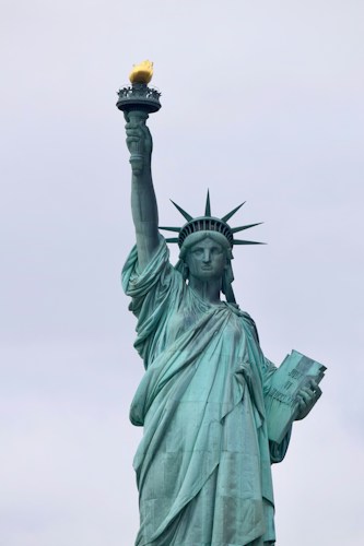 Statue of Liberty close-up showing the crown, torch, and full statue of liberty height