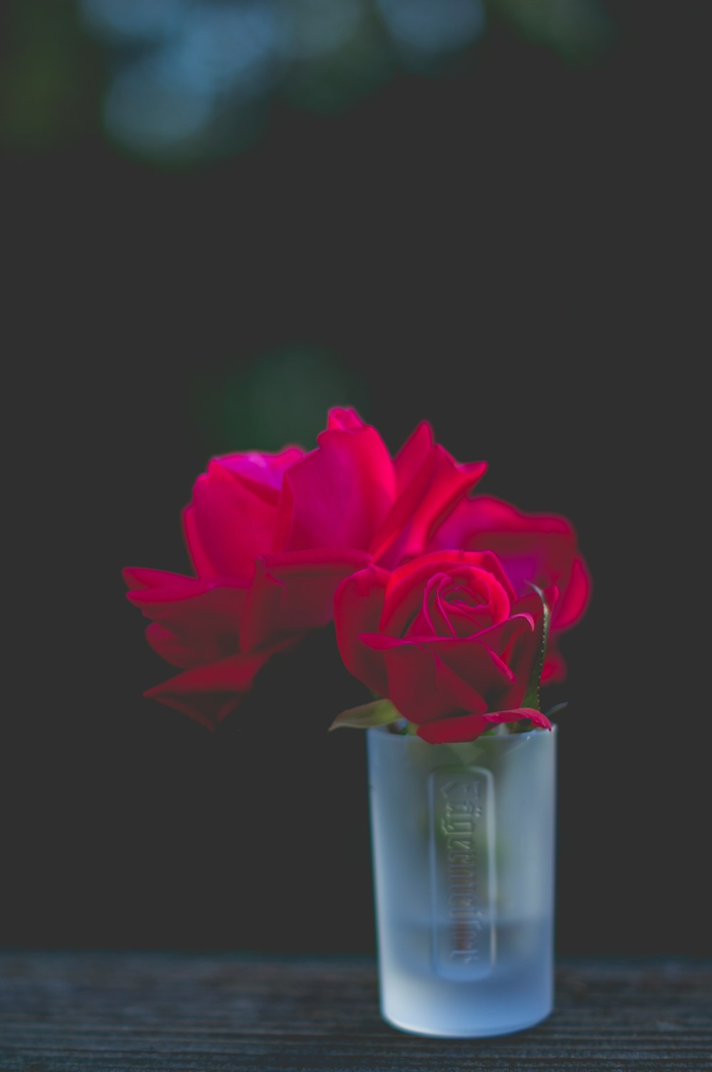 red roses in frosted shot glass