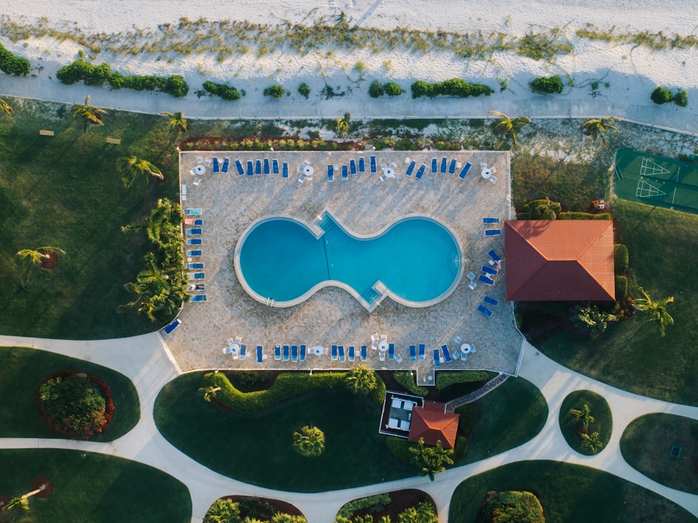 top view photo of inground pool surrounded by trees