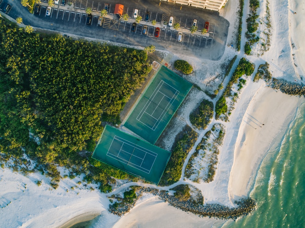 bird's eye view of court near seashore