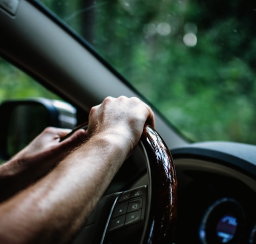 person holding car steering wheel