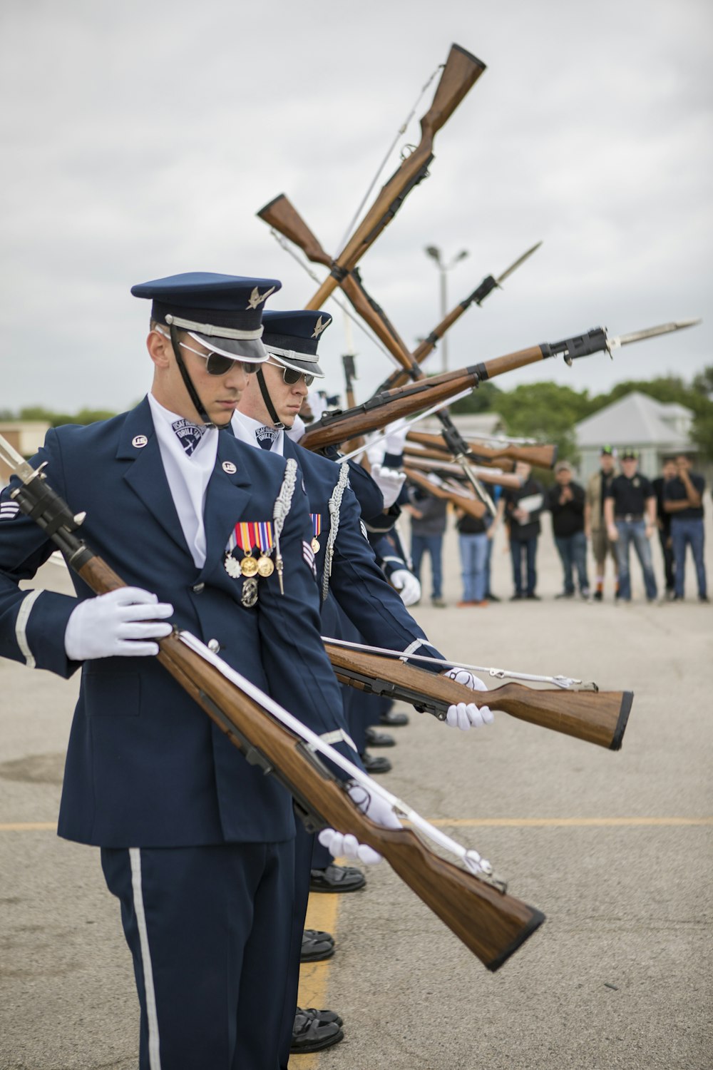 closeup photo of officer's holding guns