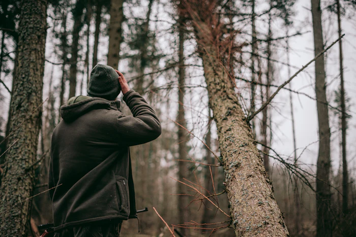 A hunter scanning the forest with binoculars