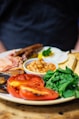 food photography of grilled foods with beans