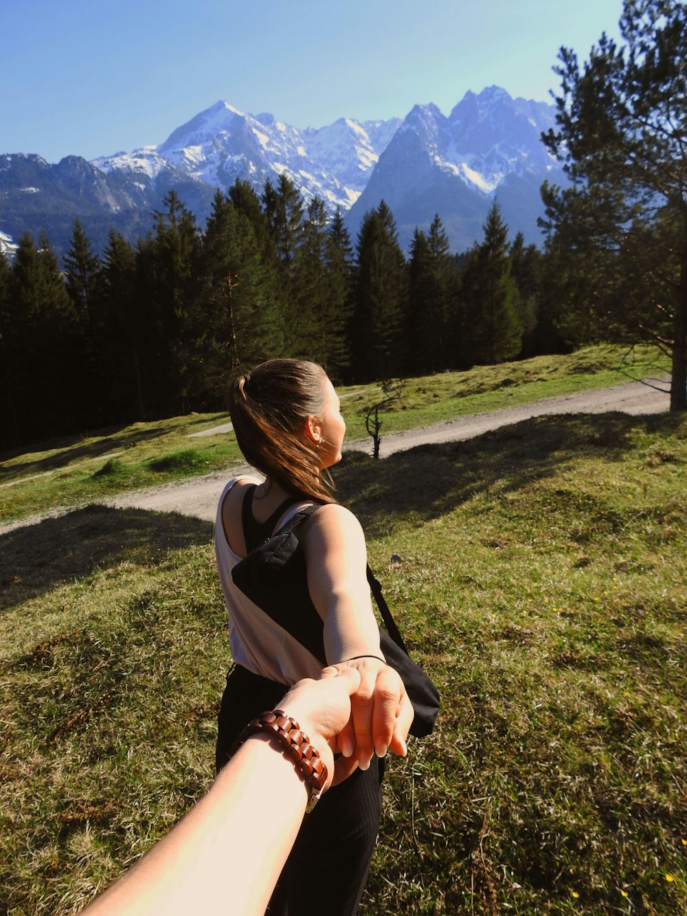 person holding woman hand standing near pine trees and mountain during daytime