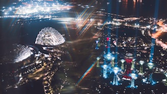 Futuristic 3D cityscape with interactive buildings and vibrant lighting effects.