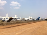 Aerial view of a compact fleet of small planes lined up on the tarmac.