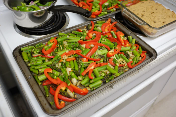 Roasted vegetables on a metal tray