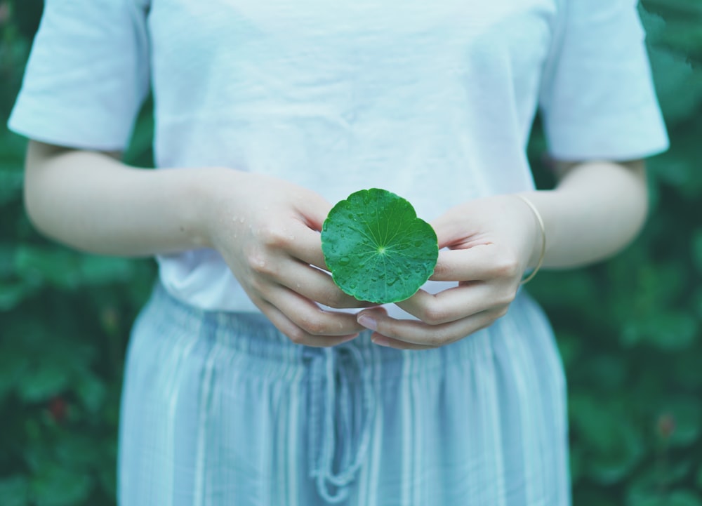 woman holding green leaf