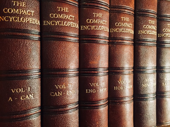 A row of brown leather-bound encyclopedia volumes with gold lettering and black horizontal stripes. Each book has volume numbers and a range of letters or words embossed in gold.
