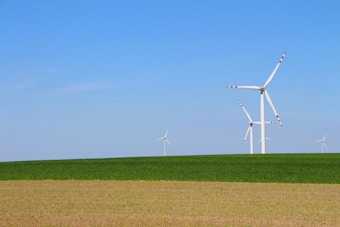 Wind turbines stand tall on a vast landscape, with a clear blue sky overhead. The foreground features patchy brown earth transitioning into lush green grass, creating a serene natural setting.