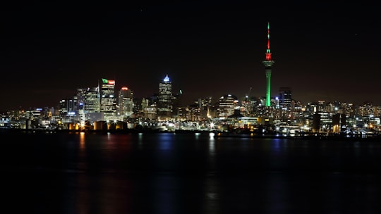 body of water near lighted high rise buildings during nighttime in Auckland New Zealand