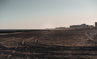 A sandy beach extends into the distance with visible tire tracks running across it. The ocean lies to the left, with waves gently lapping against the shore. On the right, there are several tall buildings, likely apartments or hotels, lining the horizon. A lone figure is walking along the beach, adding a sense of solitude.