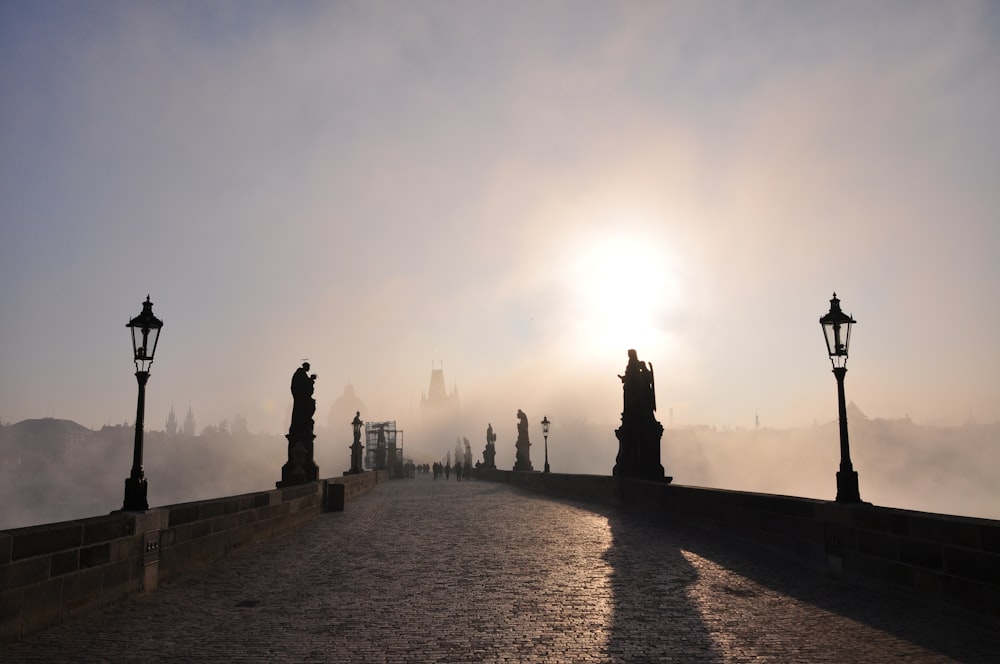 concrete pathway with light post under white sky