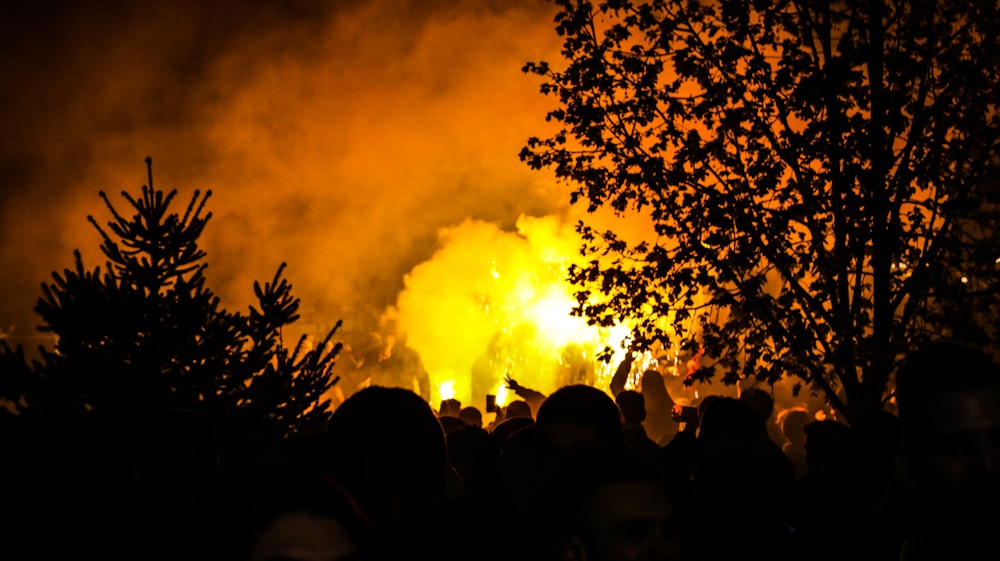 silhouette of people near fire