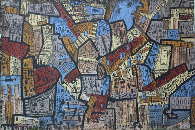 A colorful urban mural blending abstract shapes with cityscape elements.