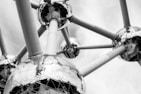 grayscale photo of molecular scale model