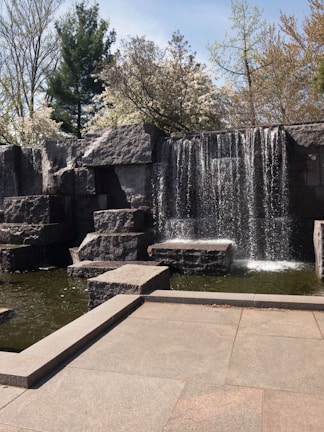 A tranquil water feature integrated into a green landscape.