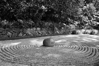 grayscale photo of stone near leaves