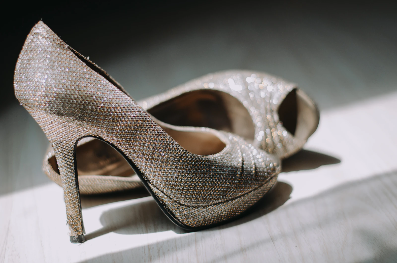 Close-up of a pair of silver leather platform stilettos