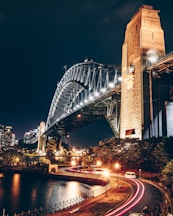 black and brown concrete bridge during night time