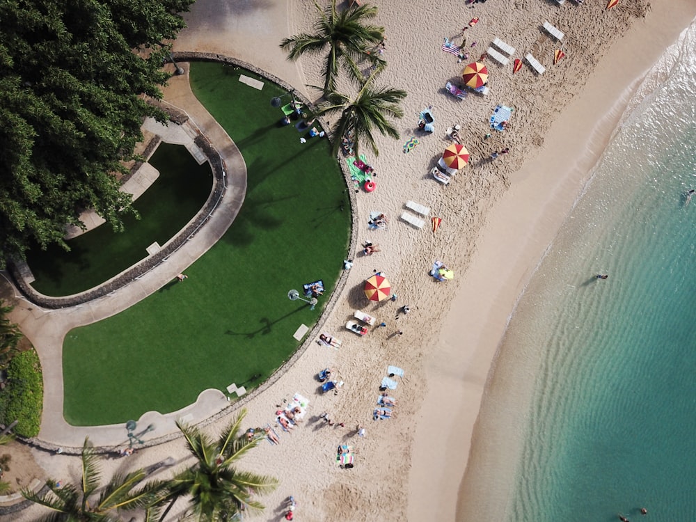 foto aérea de pessoas perto do corpo de água e campo de golfe durante o dia