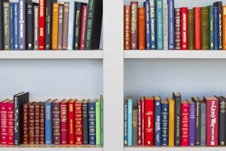 assorted-title book lot placed on white wooden shelf