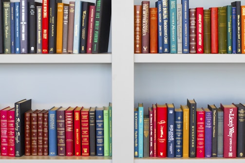 assorted-title book lot placed on white wooden shelf