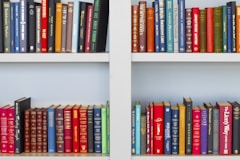 assorted-title book lot placed on white wooden shelf