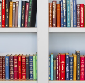 assorted-title book lot placed on white wooden shelf