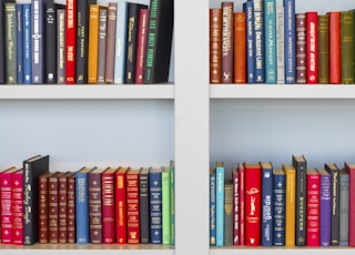 assorted-title book lot placed on white wooden shelf