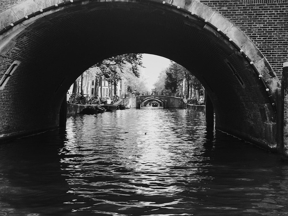 grayscale photo of arch bridge over water