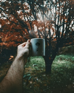 A close-up of a nature-themed mug with a forest silhouette and the words 'Breathe Deep' in elegant script.