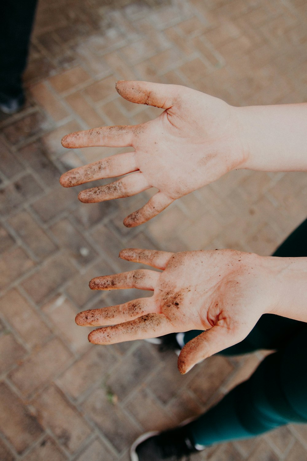 person showing both hands with dirt