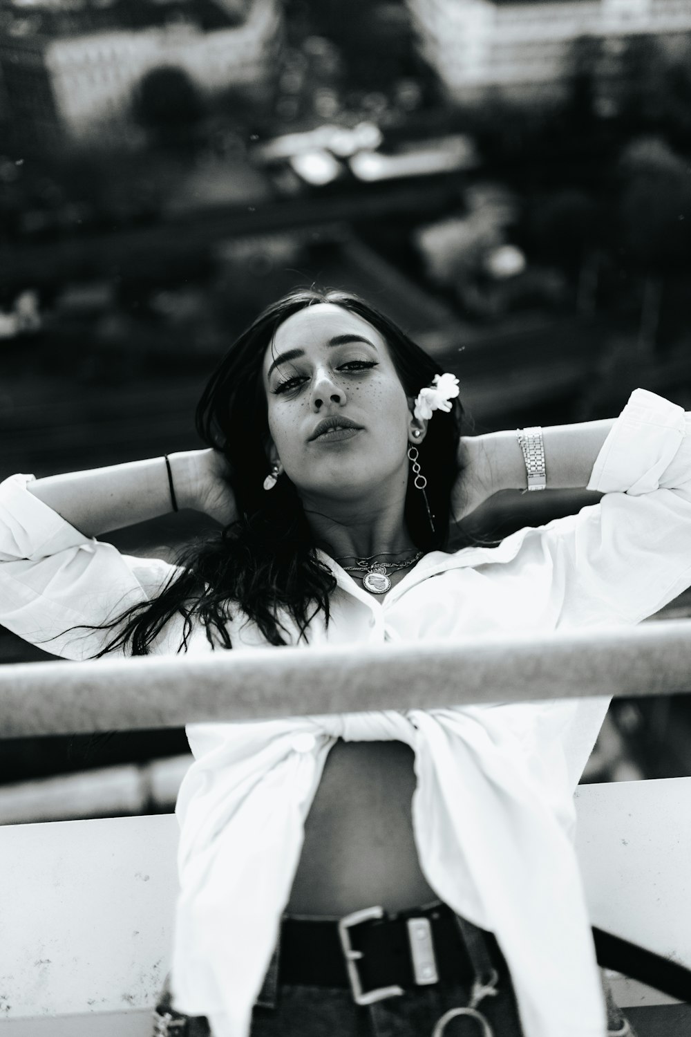 grayscale photo of woman wearing white shirt