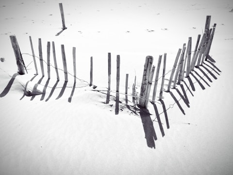 A series of wooden posts create a rustic fence in a sandy environment. The fence casts distinct shadows on the sand, with its posts appearing weathered and slightly uneven. Sparse footprints are visible in the surrounding sand, hinting at a recent presence.