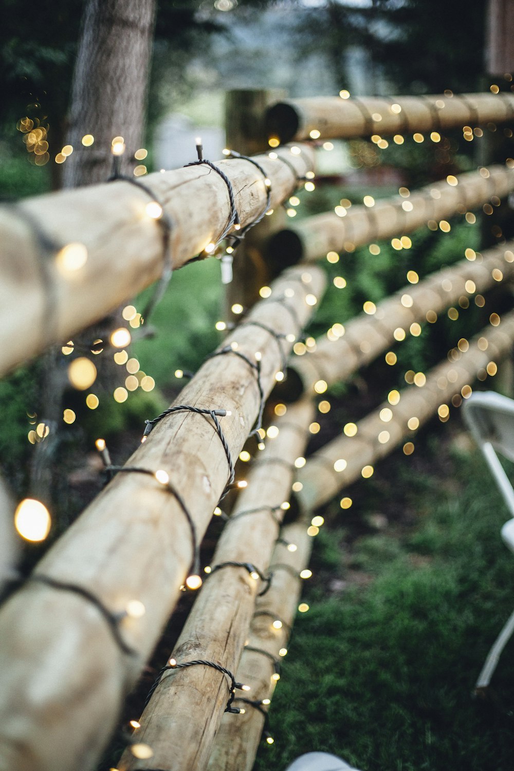 brown bamboo fence with string lights