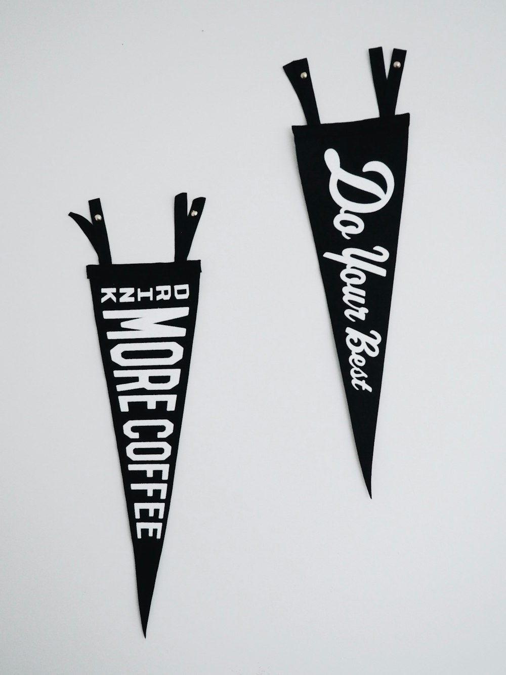 two black-and-white banners with texts
