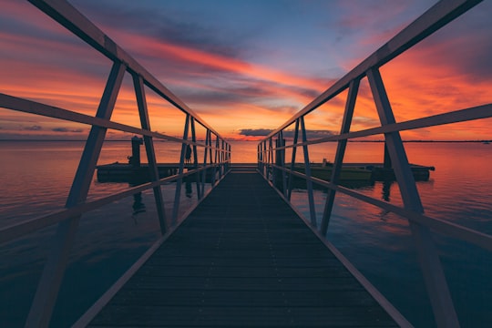 brown and white wooden sea dock at sunset in Faro Portugal