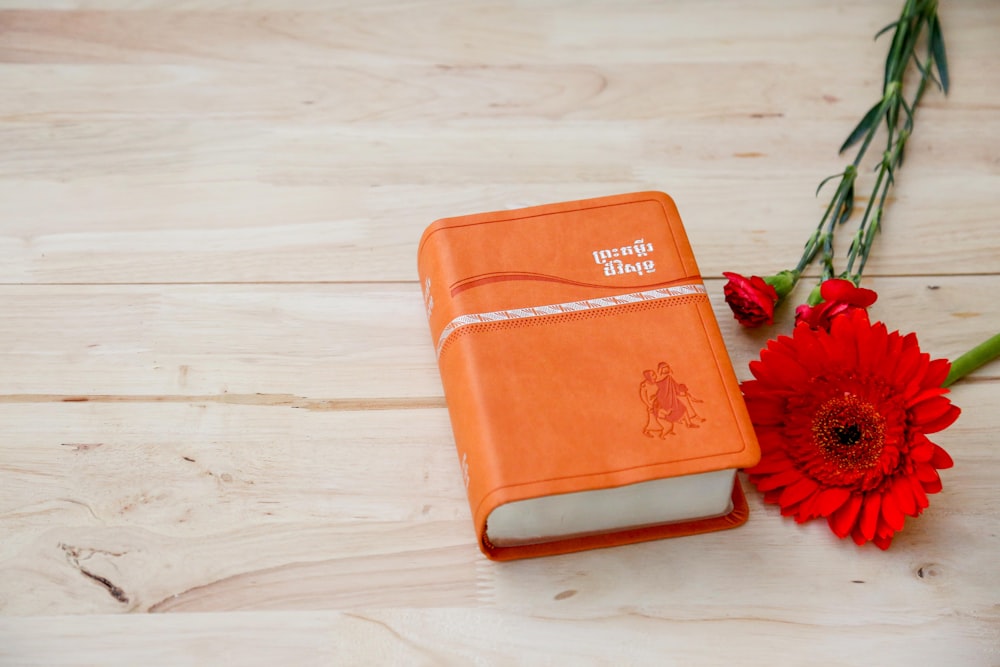 Libro coperto arancione vicino a fiore artificiale rosso