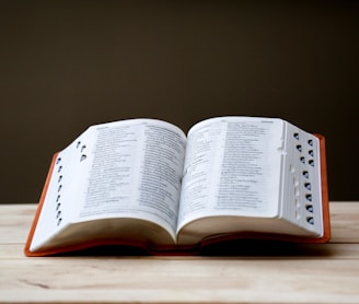 opened book on brown table