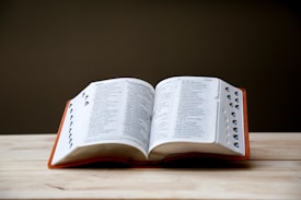 An open dictionary rests on a light wooden surface, displaying a list of words and their definitions. The book has visible index tabs on the side.