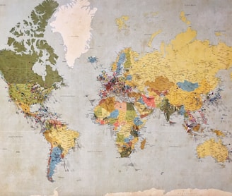 blue, green, and yellow world map