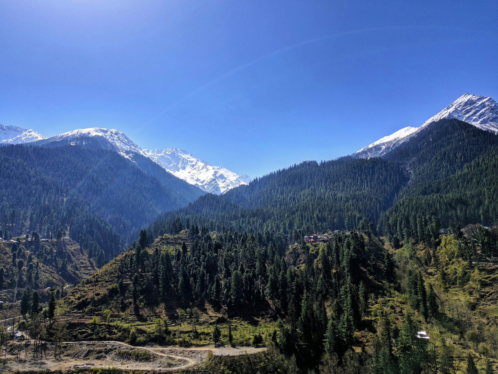 A panoramic shot of a winding trail cutting through lush green forests with distant snow-capped summits.