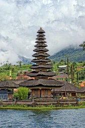 brown and black concrete building near body of water under cloudy sky