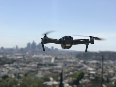 Urban drone dji mini flying in Los Angelos 