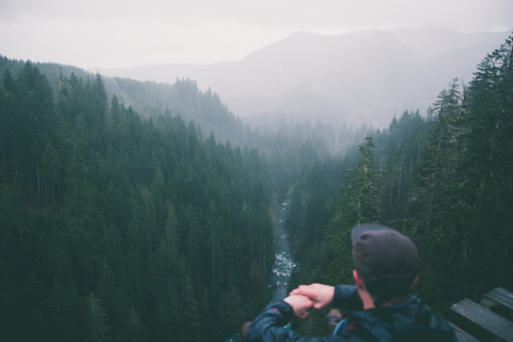 man looking at pine trees and river during daytime