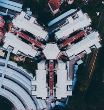 An aerial view of a large, symmetrical architectural structure resembling a complex or institution, featuring long, linear buildings with connecting walkways. It has a distinct geometric layout with octagonal and rectangular sections surrounded by trees and greenery.